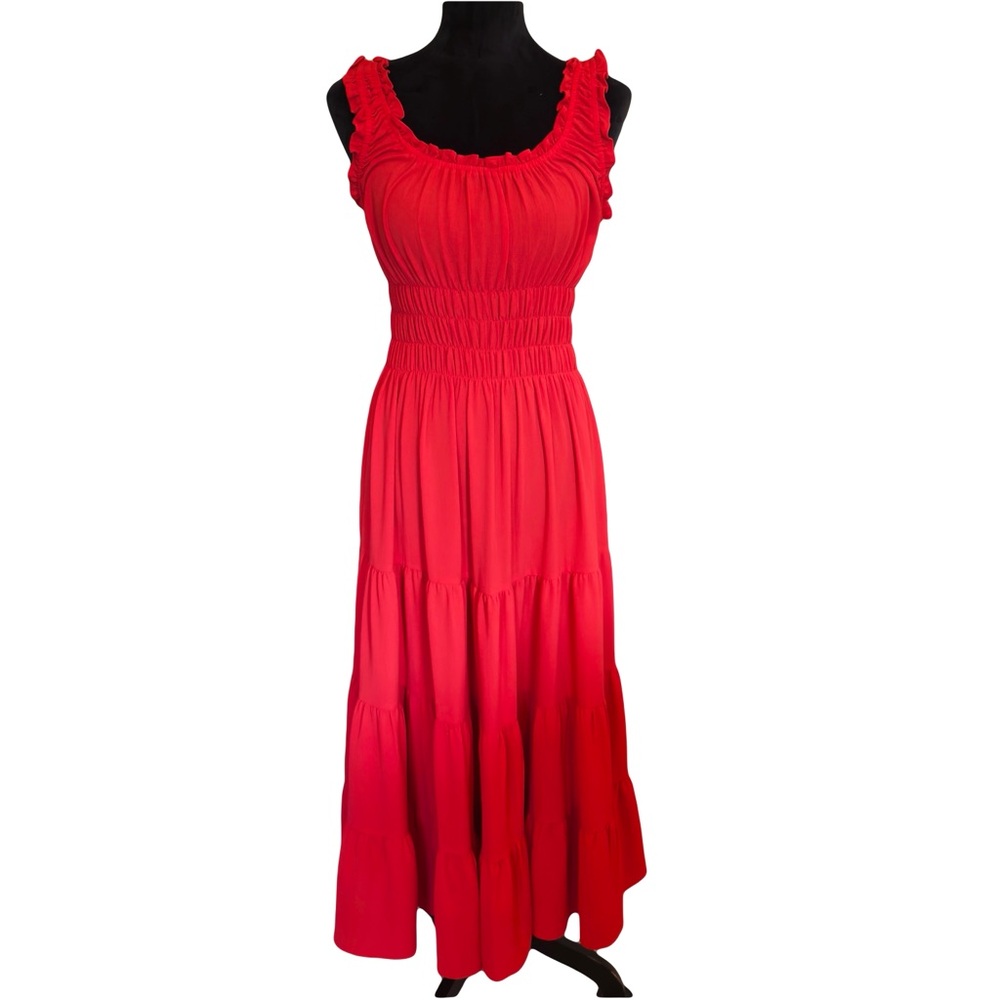 ANTONIO MELANI Red Smocked Maxi Dress Scoop Neck
